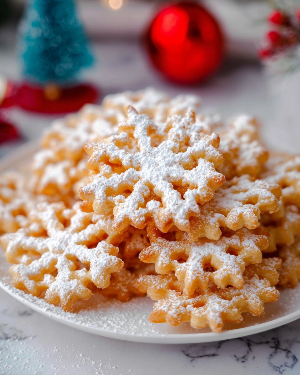 The image shows a pile of crispy, golden-brown snowflake-shaped cookies covered with a light dusting of white powdered sugar. Each cookie has a delicate, lace-like pattern with intricate cut-outs. They are stacked closely together on a white plate. In the blurred background, there are festive decorations including a red bauble and a small blue Christmas tree on a white marbled surface. The overall look is bright and festive, highlighting the texture and powder on the cookies. photo taken with an iphone --ar 4:5 --v 7