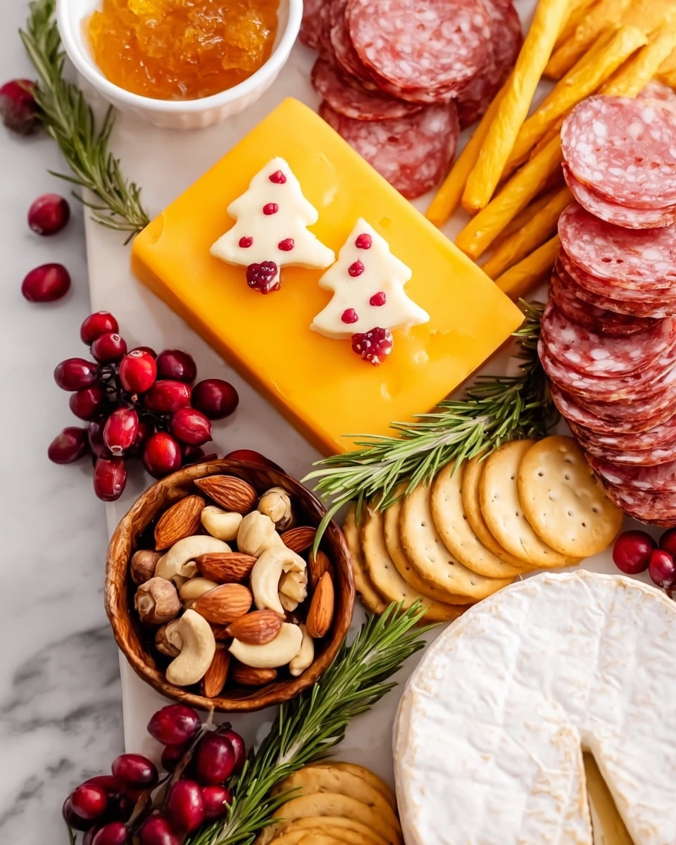 A close-up view of a charcuterie board arranged on a white marbled surface, featuring a block of orange cheddar cheese topped with two pale yellow cheese slices shaped like Christmas trees and decorated with small red berries. To the left, there is a small white bowl filled with an orange-colored jam. Rolled slices of salami are placed vertically near the center and also wrapped around yellow cheese sticks toward the bottom right. Round, golden crackers are stacked in a neat row to the right of the salami. On the right side, a large white wheel of brie cheese has a smooth, creamy interior with a small indentation on top. Near the bottom center, a small wooden bowl holds a mix of almonds, hazelnuts, and cashews. Fresh green sprigs of rosemary adorned with red berries run diagonally along the lower left side, and clusters of red berries are scattered throughout the board for decoration. Photo taken with an iphone --ar 4:5 --v 7