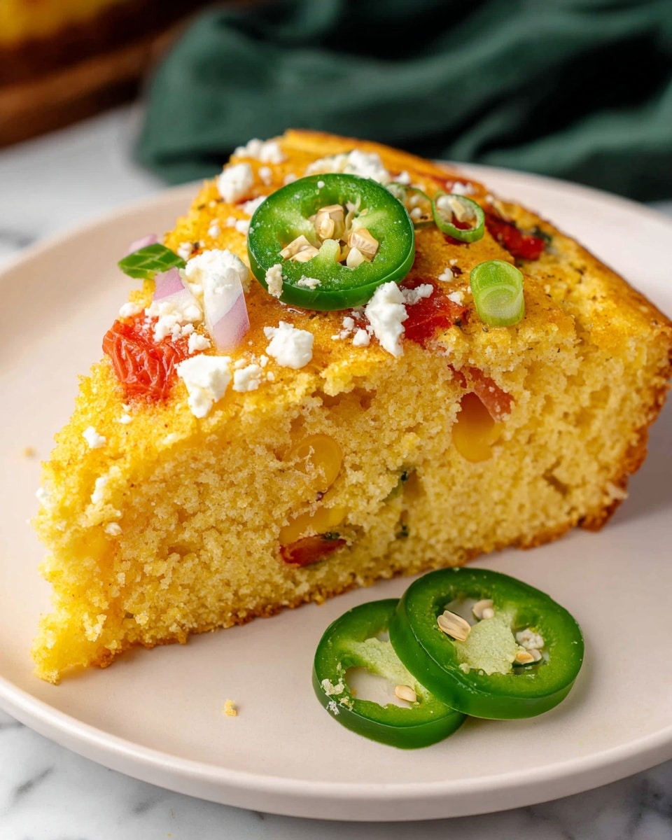 A close-up view of a round, thick cornmeal dish sliced into wedges and served in a white pan with a thin blue rim. The main layer is dense and golden-yellow, with a slightly crumbly texture. Scattered on top are small pieces of white cheese, bright red diced tomatoes, finely chopped pale onions, and thin green slices of jalapeño peppers. One wedge is lifted slightly by a silver spatula, showing the soft, moist inside. The background includes a green checkered cloth and blurred red and purple vegetables resting on a white marbled surface. Photo taken with an iphone --ar 4:5 --v 7