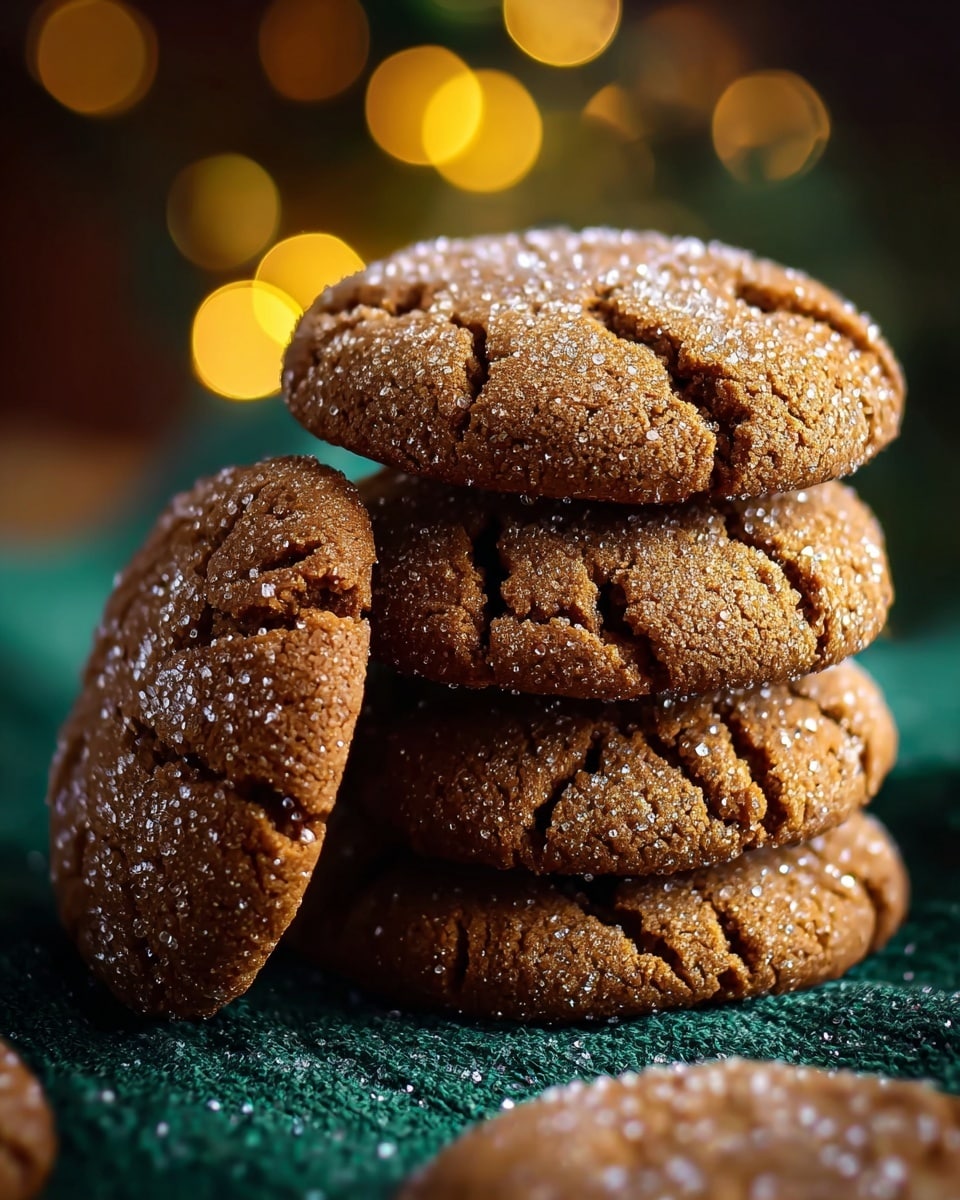 A stack of four round brown cookies with a cracked surface sits on a dark green textured cloth against a warm, blurry background with golden bokeh lights. The cookies are dusted with granulated sugar, which glistens on the rough surface. One cookie leans against the stack on the left side, and another cookie lies flat in the foreground, slightly out of focus. The overall scene shows the cookies as soft and crunchy with visible sugar crystals. Photo taken with an iphone --ar 4:5 --v 7