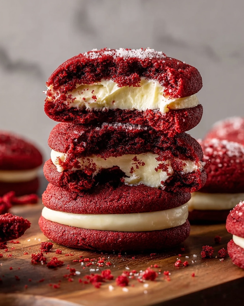A close-up image shows three stacked red velvet cookies with white cream cheese filling in the center. Each cookie has two dark red layers on the top and bottom that look soft and moist, with a thick, smooth layer of creamy white filling in the middle. The bottom cookie is broken open, revealing the soft texture inside. The cookies are placed on a wooden board, with some red crumbs scattered around. The background has a white marbled texture. photo taken with an iphone --ar 4:5 --v 7