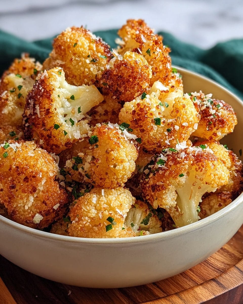 A bowl filled with golden brown fried cauliflower florets, each piece with a crispy, textured coating sprinkled with small bits of grated cheese and tiny green herb pieces. The cauliflower has a mix of light cream and crunchy golden colors, showing soft white inside through some edges. The bowl is white and sits on a white marbled texture, with a wooden tray and a green cloth partly visible in the background. photo taken with an iphone --ar 4:5 --v 7
