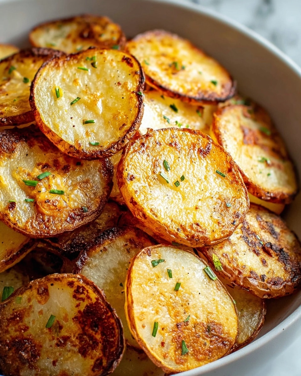 A close-up view of a white bowl filled with roasted potato slices, arranged in overlapping layers. Each slice has a golden-brown crisp surface with some darker, caramelized spots, showing a slightly rough texture. The potato skin remains on the edges, which are light brown and uneven. Small green herb pieces are scattered on top, adding a touch of fresh color. The background is a white marbled texture. Photo taken with an iphone --ar 4:5 --v 7