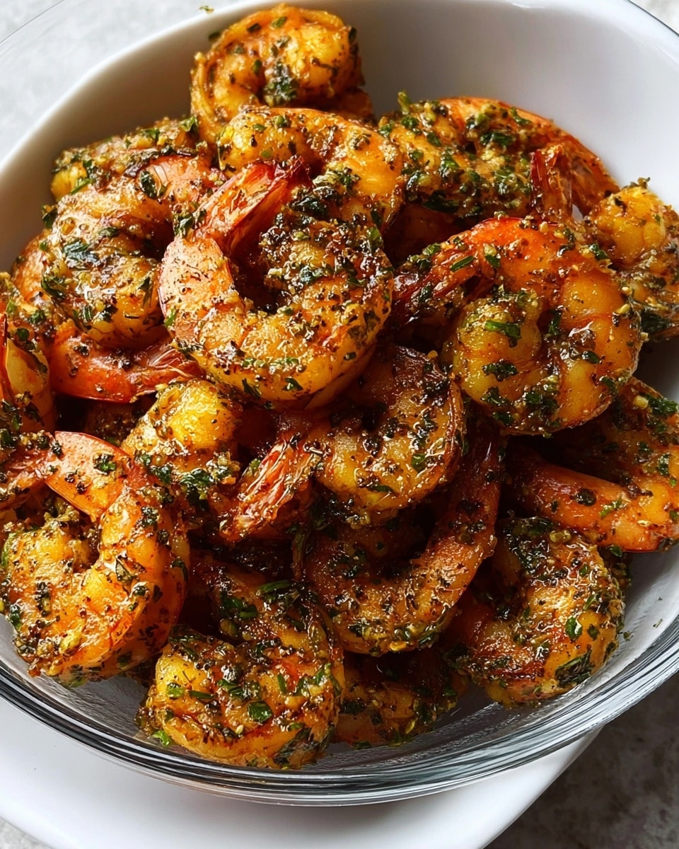 A close-up view of a glass bowl filled with cooked shrimp that are coated in a glossy orange sauce mixed with visible green and black herbs, giving them a seasoned look. The shrimp are curled with bright orange tails and a slightly translucent body showing the juicy texture. The bowl rests on a surface with a white marbled texture, adding a clean and light background to highlight the rich colors of the shrimp. photo taken with an iphone --ar 4:5 --v 7