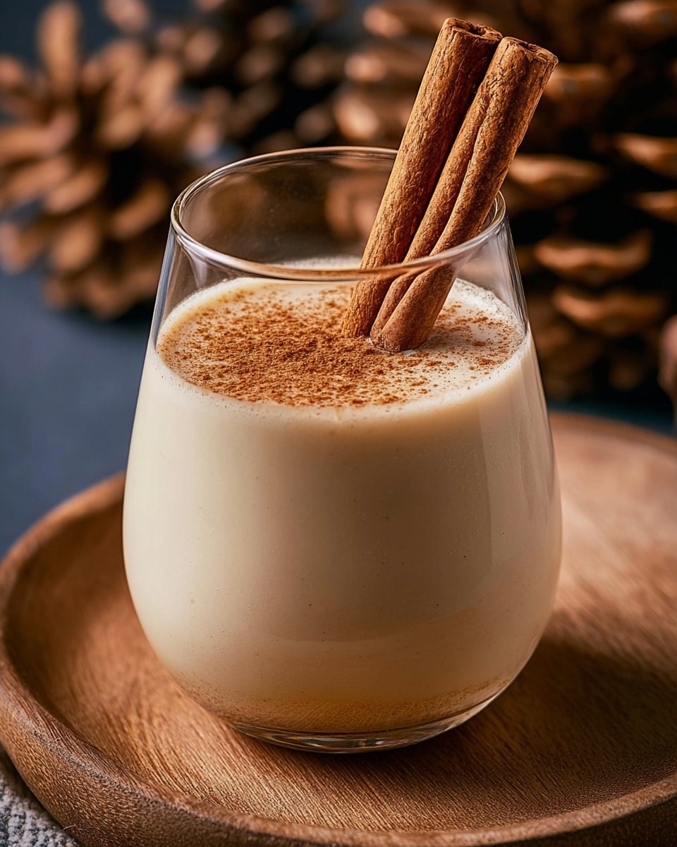 A close-up view of a clear glass filled with creamy light beige liquid, topped with a light sprinkle of brown cinnamon powder. Two whole cinnamon sticks are placed vertically inside the drink on one side, partially submerged, with clear glass edges visible. The glass sits on a light wooden surface, with a blurred deep blue background behind it. photo taken with an iphone --ar 4:5 --v 7