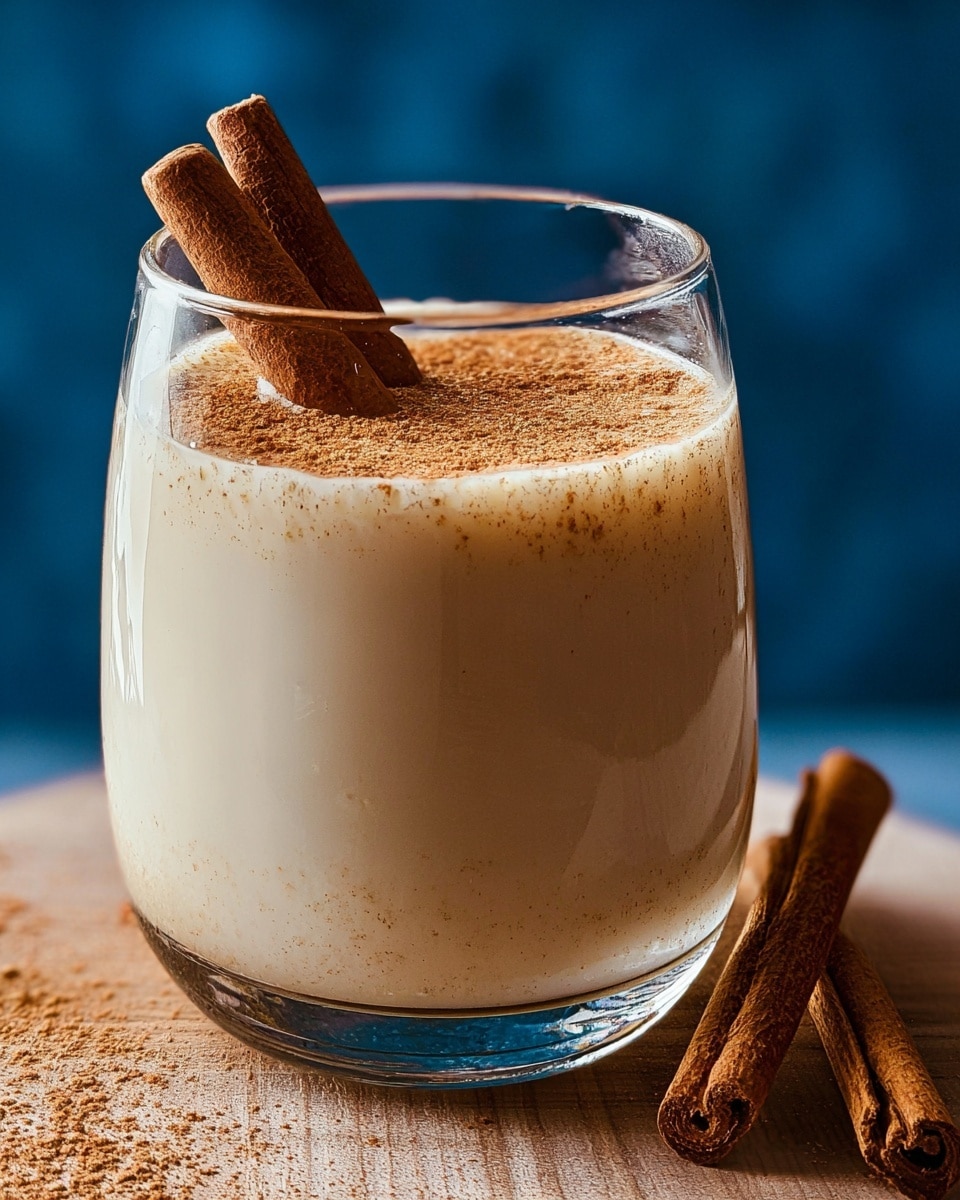 A clear rounded glass filled with a creamy light beige liquid topped with a sprinkle of fine brown cinnamon powder, holding two thick cinnamon sticks standing upright inside the drink, all placed on a round wooden board with a blurred background including a large pinecone and soft textures; photo taken with an iphone --ar 4:5 --v 7