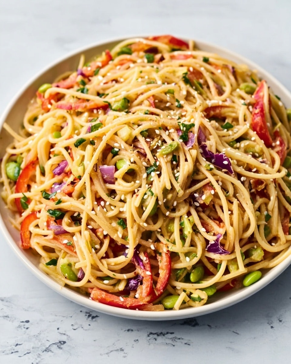 A white round plate filled with a generous serving of noodles mixed with thin slices of red bell pepper and bits of green vegetable, possibly edamame or peas. There are small pieces of purple cabbage or onion scattered among the noodles. The noodles are light yellow with a soft texture, coating the colorful vegetables evenly. On top, white sesame seeds are sprinkled, adding a touch of texture and a slight contrast. The background is a white marbled texture, giving a clean and fresh look. photo taken with an iphone --ar 4:5 --v 7