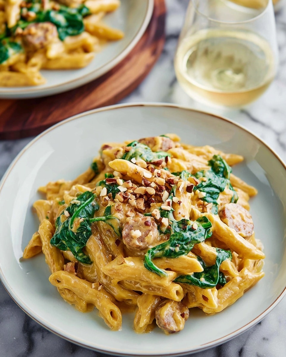 The image shows a serving of penne pasta mixed with a creamy orange sauce on a white plate. The pasta is mixed with green spinach leaves and sliced round pieces of sausage, adding color and texture to the dish. The top is sprinkled with small brown chopped nuts, giving a crunchy look. The creamy sauce coats the penne smoothly and richly. The plate sits on a white marbled surface. In the background, there is a glass of pale yellow white wine and another plate with the same pasta dish. Photo taken with an iphone --ar 4:5 --v 7