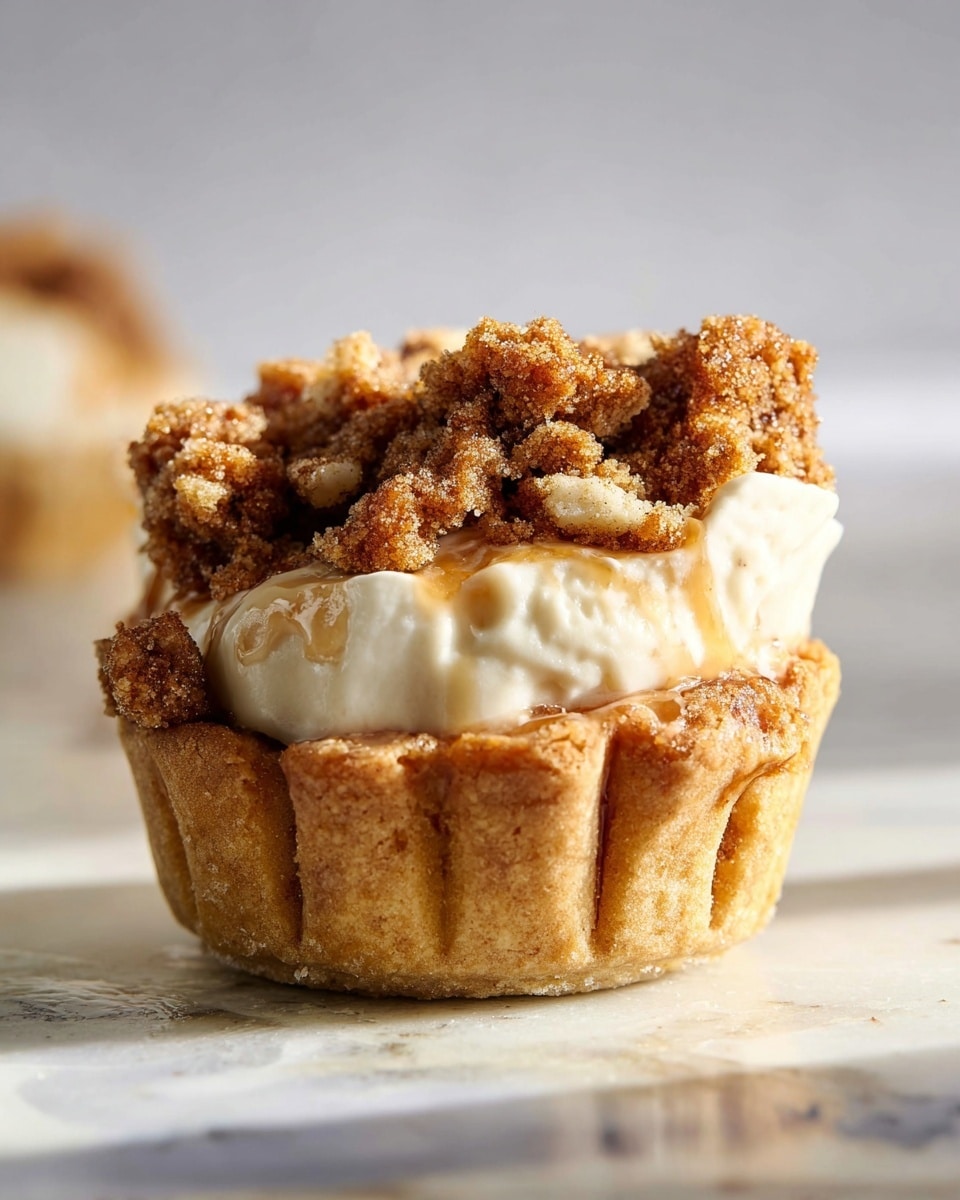 A glass rectangular dish holds a three-layer dessert showing visible layers from the side. The bottom layer is a mix of white creamy texture with swirls of caramel-brown sauce. The middle layer is thick and mostly white cream with some caramel streaks. The top layer is covered with coarse golden-brown crumbled topping, which looks crunchy and uneven, spread evenly across the surface. The dish is placed on a white marbled texture. Photo taken with an iphone --ar 4:5 --v 7
