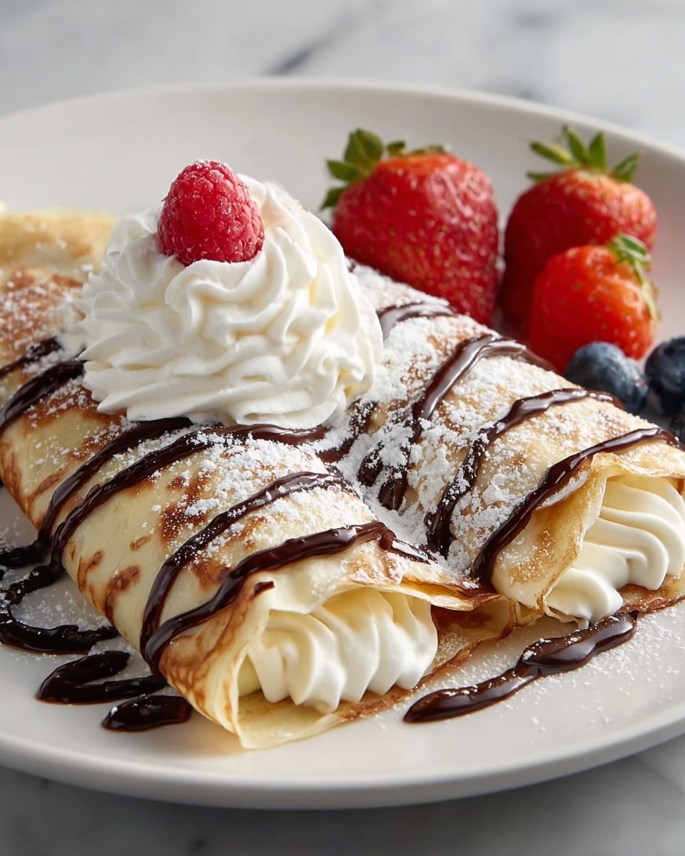A white plate on a white marbled surface holds two folded light golden crepes, layered one on top of the other, with visible creamy white filling inside. The crepes are drizzled with dark chocolate sauce, with extra sauce pooled on one side of the plate. Powdered sugar is lightly sprinkled over the crepes, enhancing their texture. On top of the crepes, there is a swirl of white whipped cream topped with a bright red raspberry. Around the crepes, there are fresh strawberries and a few dark blue blueberries providing vibrant color contrast. Photo taken with an iphone --ar 4:5 --v 7