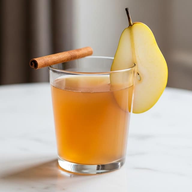 A clear glass is filled about three-quarters with a light brown, slightly cloudy liquid, sitting on a white marbled surface. A cinnamon stick rests horizontally on the rim of the glass, and a thin slice of yellow-skinned pear is placed vertically next to it, both leaning slightly outward. The background is softly blurred with neutral tones. photo taken with an iphone --ar 4:5 --v 7