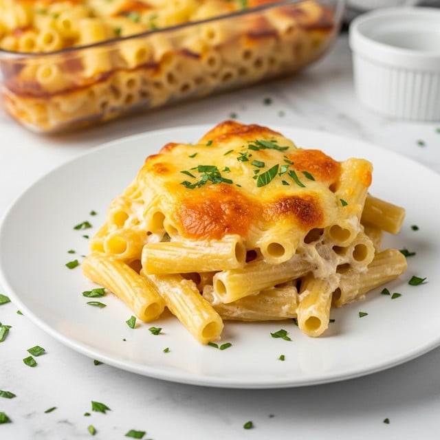 A white plate holds a small mound of cheesy pasta with a light golden brown crust on some pieces. The pasta is short, with some ridged tubes and some wavy edges, all coated in a melted, creamy cheese sauce. Small green flecks of chopped herbs are sprinkled over the pasta and scattered around the plate. In the soft-focused background, a white ramekin sits on a white marbled surface, along with a glass baking dish with more cheesy baked pasta inside. photo taken with an iphone --ar 4:5 --v 7