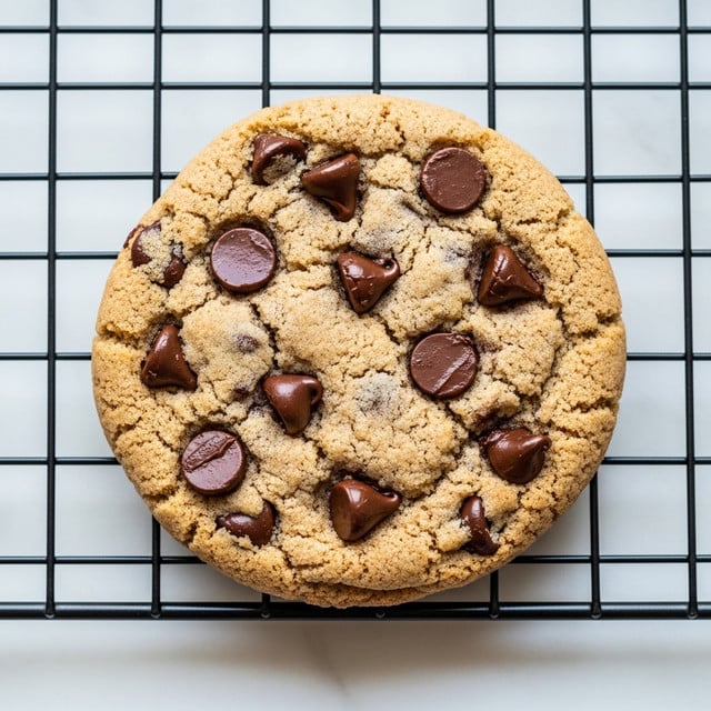 A single round chocolate chip cookie with a golden-brown, slightly crumbly texture sits on a dark metal cooling rack placed over a white marbled surface. The cookie has an uneven edge and is studded with smooth, glossy dark brown chocolate chips scattered across the top in small clusters. The surface of the cookie shows a grainy texture typical of baked dough, with some chocolate chips partially embedded and others fully exposed. Photo taken with an iphone --ar 4:5 --v 7
