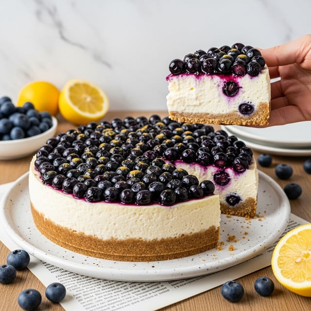 A thick cheesecake with two clear layers sits on a white speckled plate; the bottom layer is a golden brown baked crust, rough in texture, while the top layer is creamy white with a smooth texture, topped generously with dark purple blueberries that have slightly sunken into the surface showing some juicy bursts. The top also shows a few browned spots from baking. A woman's hand is lifting a large slice, revealing the thickness and soft inside of the cheesecake. Around the plate, there are some fresh blueberries scattered and cut lemon halves on a wooden surface with some printed paper underneath. In the background, a wire basket with lemons and a black vase are partially visible, all set on a white marbled texture surface. Photo taken with an iphone --ar 4:5 --v 7