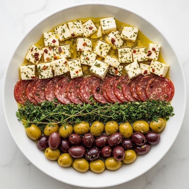 A white bowl filled with several layers: the bottom layer shows green olives scattered evenly, some with a bit of herbs on top; above that are thick white cheese cubes sprinkled with green herbs and small red bits, adding contrast; thin round slices of dark red salami are placed between the cheese cubes and olives; the dish is lightly coated with olive oil giving a slight shine, with flecks of green herbs and small sprigs of thyme throughout. The bowl sits on a white marbled surface. photo taken with an iphone --ar 4:5 --v 7