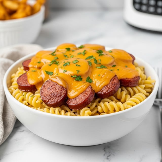 A white bowl filled with curly pasta as the bottom layer, topped with slices of browned sausage as the second layer, covered by melted cheddar cheese that looks smooth and shiny, and sprinkled with chopped green herbs on top. The bowl is placed on a white marbled surface with a cloth nearby and a blurred background showing fries in a white bowl and a kitchen appliance. Photo taken with an iphone --ar 4:5 --v 7