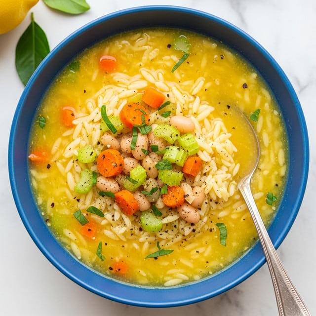 A blue bowl filled with a thick yellow soup containing several layers of ingredients: soft orzo pasta in the center with small white beans, diced orange carrots, and tiny green celery pieces spread evenly throughout the soup, all topped with small bits of chopped green herbs and black pepper flakes. A silver spoon rests on the right side, scooping up some of the soup and showing the texture of the orzo and vegetables clearly. The bowl sits on a white marbled surface with a small hint of green leaves and a lemon visible at the top left corner. photo taken with an iphone --ar 4:5 --v 7
