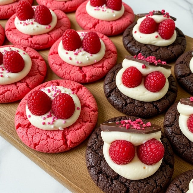 The image shows a wooden board with two kinds of round cookies arranged close together: pink cookies and dark brown cookies. Each cookie has a slight crackled texture on the top. On the pink cookies, a dollop of white or light pink cream sits in the center, topped with two fresh red raspberries and small pink sprinkles scattered around. The dark brown cookies also have a white cream dollop in the middle topped with two raspberries or a piece of dark chocolate partially covered with cream and raspberry pieces. The cookies look soft and moist, laid on a white marbled surface. photo taken with an iphone --ar 4:5 --v 7