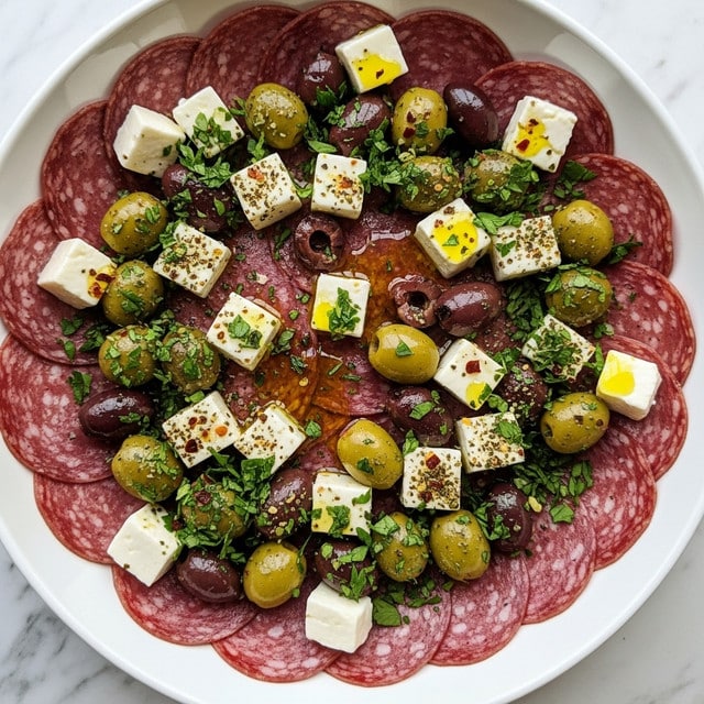 A white bowl filled with slices of dark red salami layered around chunks of white cheese cubes scattered evenly. Green olives are spread on top, some nestled between the cheese and salami. The dish is covered with bright green chopped herbs and dark green seasoning, with small bits of red pepper flakes mixed in. A yellow olive oil drizzle shines across the ingredients, creating a glossy texture. All of this rests on a white marbled surface. photo taken with an iphone --ar 4:5 --v 7