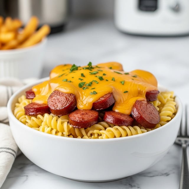 A white bowl filled with a base layer of thick, pale yellow pasta noodles, topped with slices of browned sausages that look juicy and slightly crispy on the edges. Over the sausages and noodles is a layer of smooth, melted orange-yellow cheese sauce, glistening and creamy. The dish is garnished with small pieces of fresh green herbs scattered on top adding a pop of color. The bowl sits on a white marbled surface with a blurred bowl of fries and a slow cooker in the background. Photo taken with an iphone --ar 4:5 --v 7