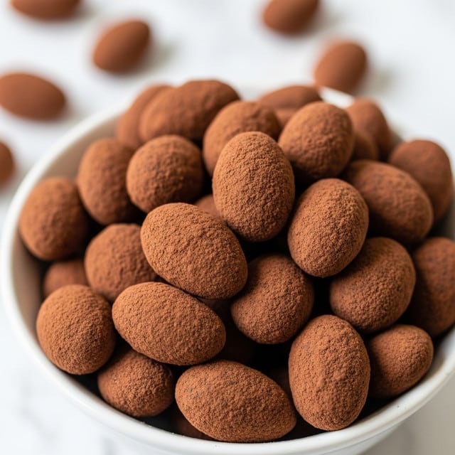 A close-up view of a bowl full of cocoa-coated almonds. The bowl is white and filled to the top with two layers of almonds, each almond covered in a rough, powdery cocoa layer that gives them a dark brown color and a textured surface. The almonds are packed closely together, with some standing upright and others resting sideways, creating a natural, uneven pile. The background is a white marbled texture that softly blurs out, keeping the focus on the rich cocoa coating of the almonds. photo taken with an iphone --ar 4:5 --v 7
