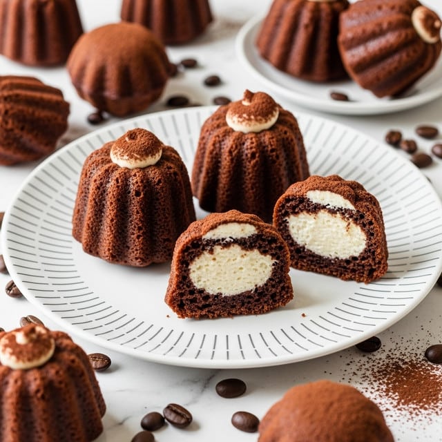 A white plate with a fine dark stripe pattern holds several coffee-colored, boat-shaped cakes dusted with cocoa powder. There are five cakes on the plate, with one cut in half showing two layers: a dense, dark brown cake layer on the outside and a rich pale cream filling in the center. Each cake has a small swirl of light cream on top with cocoa sprinkled over it. Around the plate on a white marbled surface, there are more whole cakes and scattered dark brown coffee beans. Photo taken with an iphone --ar 4:5 --v 7