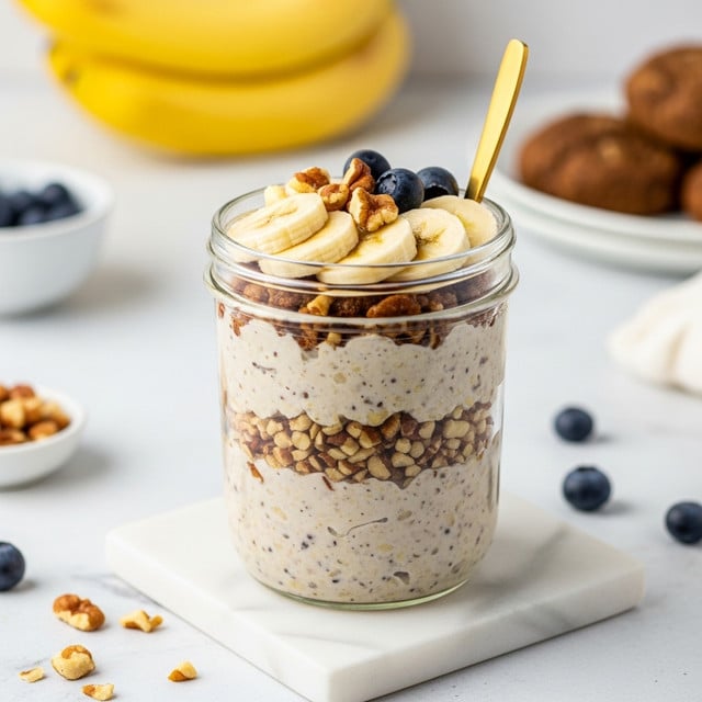 A clear glass jar filled with three visible layers: the bottom and middle layers show a creamy beige mixture with small, dark brown nut pieces spread evenly throughout, creating a textured look. The top layer is decorated with light yellow banana slices arranged in a circle, dark brown nut pieces scattered in the center, and a few dark blueberries on top. A small golden spoon stands upright from the jar. The jar is placed on a small white marbled square slab, with loose nut bits and blueberries scattered around on a white marbled surface. In the blurred background, yellow bananas and a white plate with brown baked goods are softly visible. Photo taken with an iphone --ar 4:5 --v 7