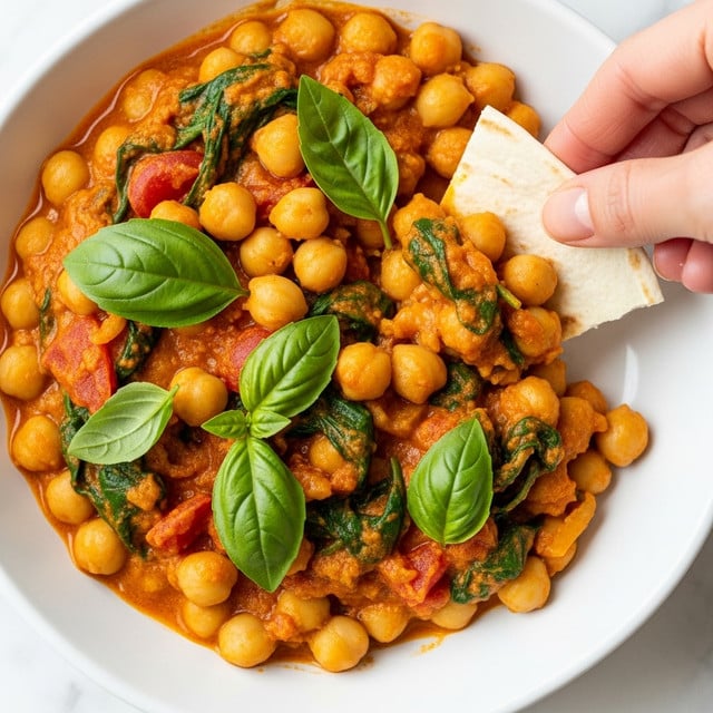 A close-up view of a creamy chickpea dish in a white bowl, showing three main layers: large round chickpeas in a thick orange sauce speckled with finely chopped green spinach and small pieces of red tomatoes, scattered fresh green basil leaves adding vibrant color on top, and a woman's hand dipping a piece of white tortilla into the dish on the right side. The texture looks rich and slightly chunky with a mix of smooth sauce and soft vegetables. The background is a white marbled surface. Photo taken with an iphone --ar 4:5 --v 7
