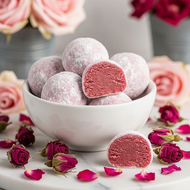 A white bowl filled with five round, pink sweets dusted with white powder. One sweet is cut in half showing a smooth, dense pink inside. The sweets rest on a white marbled surface, surrounded by dried pink rosebuds and petals, adding dark and light pink and red shades to the scene. Soft pink roses and a gray container with more pink roses are blurred in the background. Photo taken with an iphone --ar 4:5 --v 7