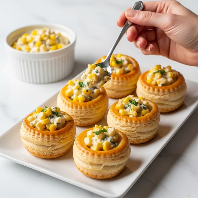 The image shows six golden-brown puff pastry cups arranged on a white rectangular plate, each filled with a creamy mixture containing visible yellow corn kernels and small herb pieces. The puff pastry shells have a flaky texture with layered edges, forming a cup shape that holds the filling. A woman's hand holds a small silver spoon above one cup, scooping a portion of the creamy mixture. In the background, there is a white ramekin filled with the same creamy corn mixture, all placed on a white marbled surface. photo taken with an iphone --ar 4:5 --v 7