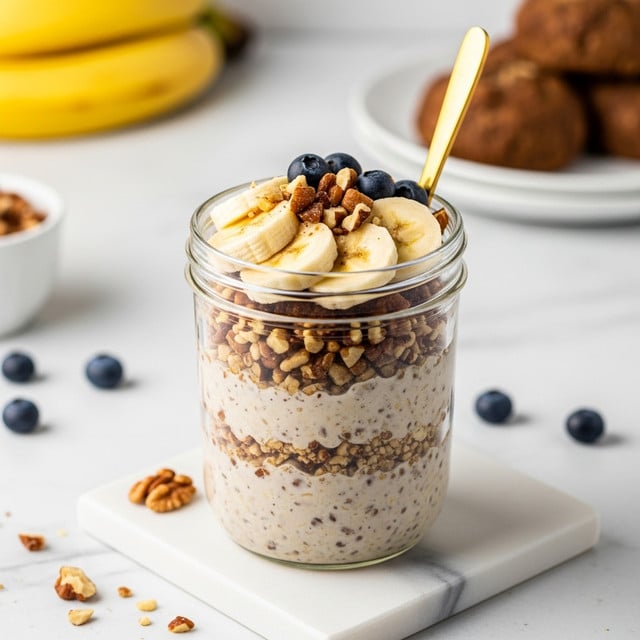 The image shows a glass jar filled with creamy overnight oats that have small bits of nuts mixed throughout. On top, there is a layer of sliced banana arranged in a circle along the edge, and in the center, a few pecan pieces are scattered. A silver spoon stands upright inside the jar. The jar sits on a small white marble square board, placed on a white marbled surface. Around the jar, there are some scattered pecans and a few blueberries. In the background, a bunch of bananas and a white bowl with bagels are softly blurred. The lighting is soft and natural, giving a fresh and clean look. photo taken with an iphone --ar 4:5 --v 7
