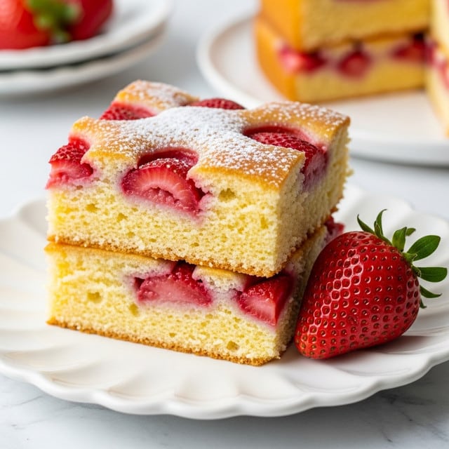 The image shows a thick square slice of strawberry cake on a white scalloped-edge plate. The cake has two main layers: a light yellow, fluffy cake base with soft texture, and embedded chunky pieces of bright red strawberries throughout. The top layer is slightly browned and dusted with powdered sugar, adding a light white coating. A whole fresh strawberry with its green leaves sits next to the slice on the plate. The plate rests on a white marbled surface with a blurred background that includes more fresh strawberries. photo taken with an iphone --ar 4:5 --v 7