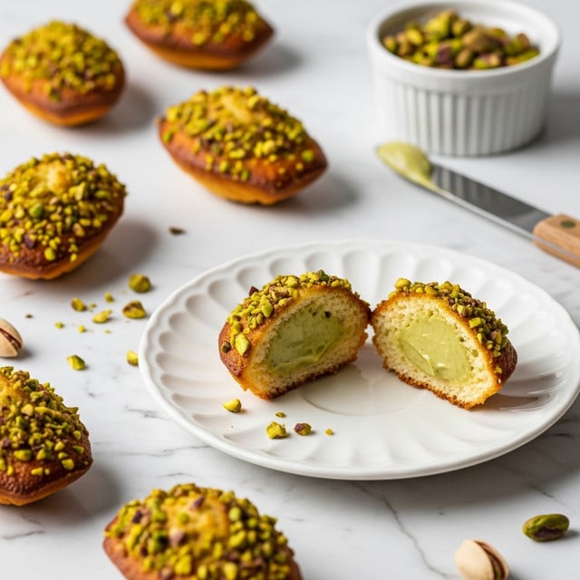 The image shows small oval-shaped cakes with a golden brown color, topped and edged with chopped pistachio nuts, giving a rough texture and greenish-brown mix on the edges. One white fluted plate holds three pieces, two whole and one cut in half, revealing a soft yellow cake inside with a green jelly-like filling on top of the cut halves. Around the plate, more cakes are scattered on a white marbled surface, some whole and some showing the chopped pistachio topping. A white ramekin filled with more chopped pistachios is visible in the background along with a knife with a wooden handle. Photo taken with an iphone --ar 4:5 --v 7