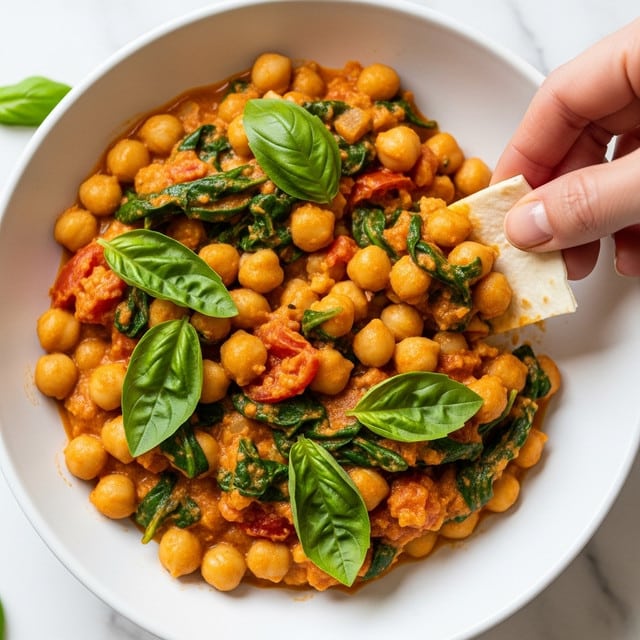 The image shows a close-up of a creamy chickpea dish with visible layers of chickpeas coated in a rich orange sauce mixed with chopped green spinach and pieces of red tomato. There are bright green basil leaves sprinkled on top, adding freshness and contrast. A woman's hand is dipping a white tortilla chip into the saucy chickpeas, showing the texture and thickness of the sauce. The scene is set on a surface with a white marbled texture. photo taken with an iphone --ar 4:5 --v 7