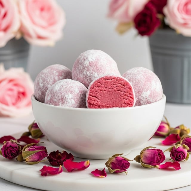 A white bowl filled with six round pink mochi balls dusted with white powder, one mochi is cut in half showing a smooth, textured pink inside. The bowl is decorated with small and large dark pink dried rosebuds, adding a floral touch. The setup is on a white marbled surface, surrounded by fresh pink rose petals and flowers, creating a soft and delicate look. Photo taken with an iphone --ar 4:5 --v 7