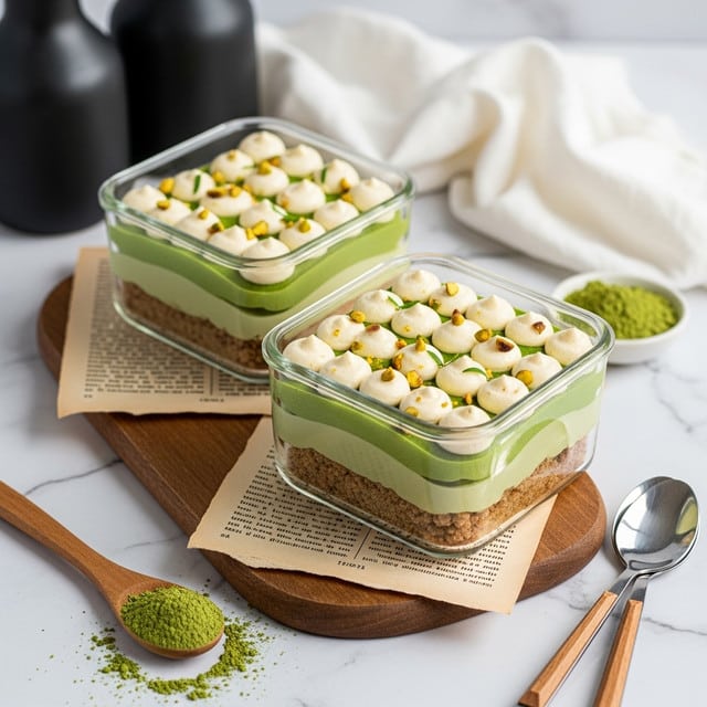 Two square-shaped dessert cups sit on a wooden board, each containing three visible layers: a bottom light brown cake layer, a middle pale green creamy layer, and a top layer of pale green cream piped into neat swirls. The cream swirls are garnished with small green pistachio pieces and a few tiny green leaves. Around the wooden board are scattered pistachios and a wooden spoon filled with green powder. Two metal spoons with wooden handles rest on vintage printed papers, all placed on a white marbled textured surface. photo taken with an iphone --ar 4:5 --v 7