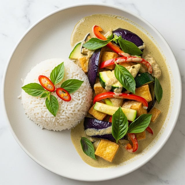A close-up view of a white round plate filled with a serving of white steamed rice shaped into a neat mound on the left side, decorated with small bright green basil leaves and thin slices of red chili on top. Surrounding the rice is a creamy light green curry sauce filled with golden brown fried tofu cubes, dark purple eggplant slices, red bell pepper strips, and green zucchini pieces mixed with a few fresh green basil leaves. The plate sits on a white marbled surface. photo taken with an iphone --ar 4:5 --v 7