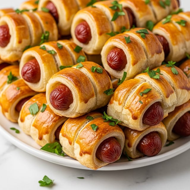 The image shows a close-up of many small sausage rolls arranged tightly on a white plate, placed on a white marbled surface. Each sausage is wrapped in golden-brown, flaky pastry that looks shiny and slightly crispy. The sausages are deep reddish-brown and peek out from both ends of the pastry wrap. Bright green chopped parsley is scattered on top of the sausage rolls, adding a fresh touch of color to the warm tones of the food. The photo focuses closely to show the texture of the pastry and the glistening surface of the sausages, giving a delicious and inviting look. Photo taken with an iphone --ar 4:5 --v 7