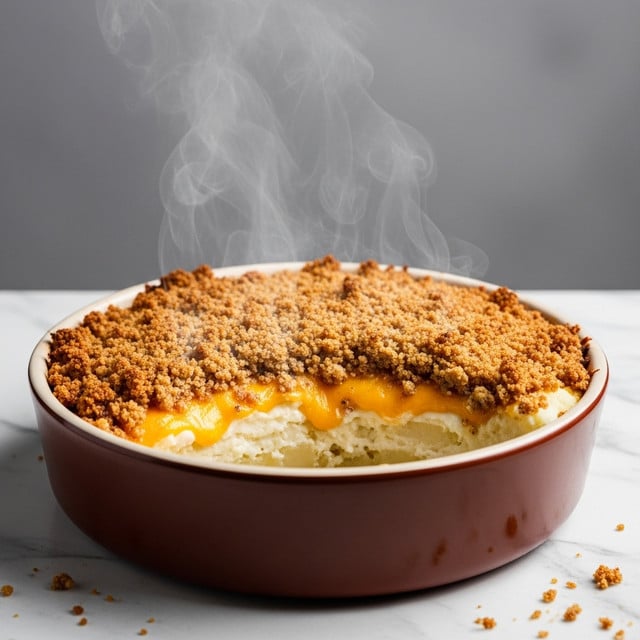 A white rectangular baking dish holds a hot macaroni and cheese casserole with steam rising. The top layer is a thick, melted orange cheese crust covered with a crunchy light brown crumb topping. Below the topping is a creamy yellow cheese sauce bubbling over soft, tender elbow pasta that fills the dish to the edges. One corner of the casserole is scooped out, showing three main layers: the golden crumb topping, the smooth orange cheese layer beneath it, and the soft macaroni coated in a pale yellow sauce at the bottom. The dish is placed on a white marbled surface. photo taken with an iphone --ar 4:5 --v 7