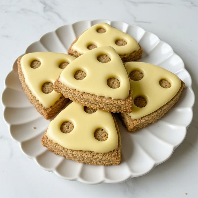 The image shows five half-moon shaped cookies on a white scalloped plate placed on a white marbled surface. Each cookie has two layers: the bottom layer is a brown, crispy cookie, and the top layer is pale yellow icing with three small oval cutouts. The cookies are stacked slightly overlapping each other in a casual arrangement. The texture of the cookie looks crumbly, while the icing appears smooth and glossy. photo taken with an iphone --ar 4:5 --v 7