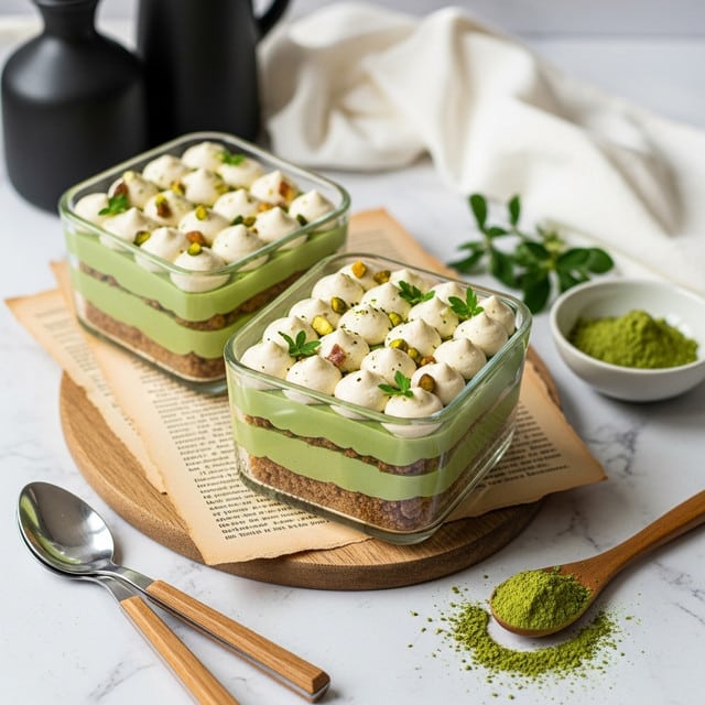 Two square glass containers filled with a three-layered dessert sit on a wooden board over torn book pages. The bottom layer is light brown and crumbly, the middle layer is a smooth green cream, and the top layer is decorated with evenly spaced creamy white swirls. Small chopped nuts and green herb sprigs are sprinkled on top of the swirls. A wooden spoon holding green powder rests nearby, along with two metal spoons with wooden handles, all on a white marbled texture. There is a white cloth and black ceramic vessels in the background. photo taken with an iphone --ar 4:5 --v 7