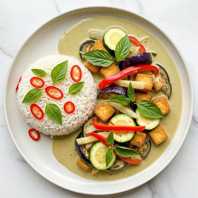 A round plate holds a dish with two main parts: on the left, a dome-shaped mound of white steamed rice topped with small green basil leaves and thin slices of red chili peppers; on the right, a creamy green curry with rich, smooth sauce, filled with layers including golden fried tofu cubes, dark purple eggplant slices, bright red bell pepper strips, pale green zucchini slices, and fresh green basil leaves scattered on top; the whole scene is set on a white marbled surface. photo taken with an iphone --ar 4:5 --v 7