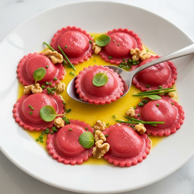 A white plate holds a dish of bright pink round ravioli, each with a scalloped edge and a smooth, shiny surface. The ravioli are coated lightly in a golden-yellow sauce that pools around them. Small green herb leaves and short chive pieces are scattered over the pasta along with small chunks of light brown walnuts. A silver spoon holds one raviolo in the center, topped with a small green herb leaf. The plate rests on a white marbled surface. photo taken with an iphone --ar 4:5 --v 7