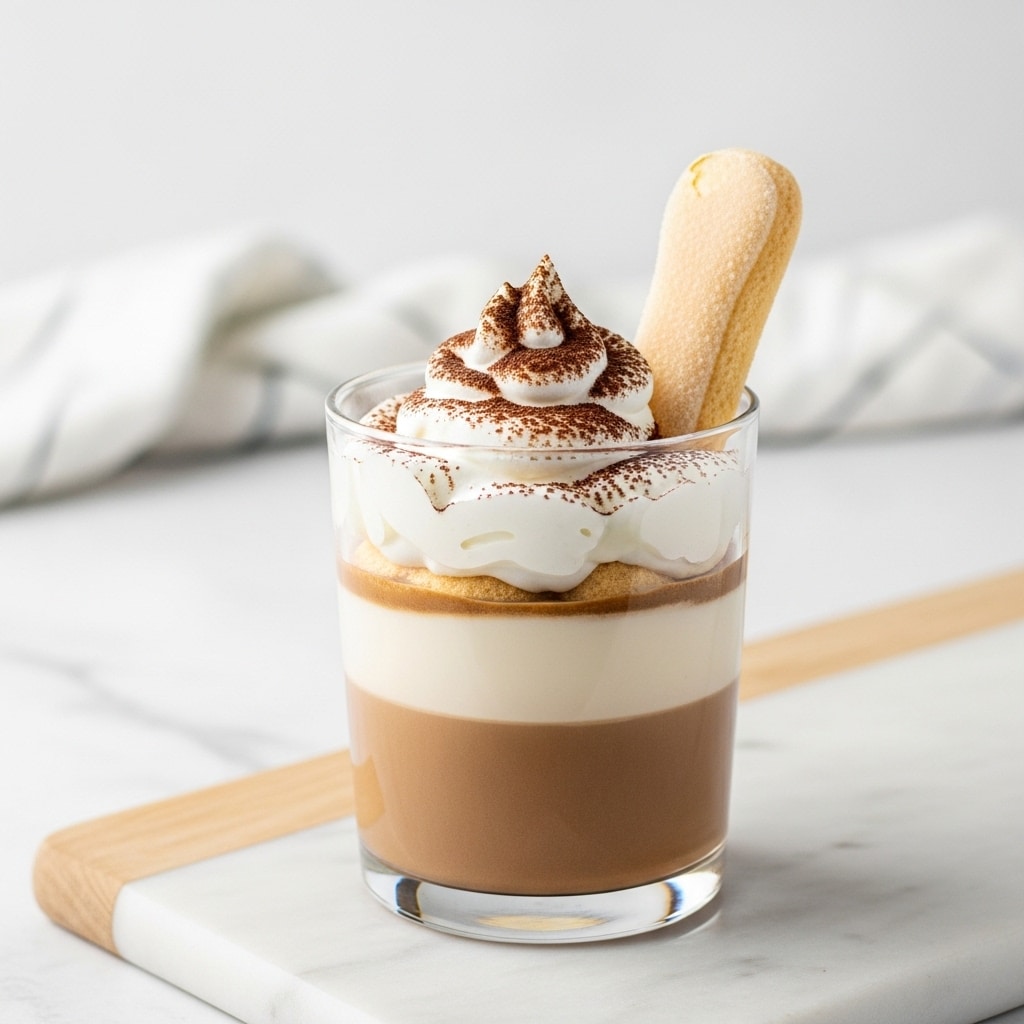 A clear glass shows a three-layer drink standing on a light wooden board over a white marbled surface. The bottom layer is a medium brown shade looking smooth and creamy. The middle layer is a thin band of lighter cream color blending upward into the top layer of fluffy white whipped cream with soft peaks, dusted with cocoa powder in dark brown. A light beige ladyfinger biscuit is placed standing inside the whipped layer, leaning against the side of the glass. The background is simple and soft with a white and light beige cloth blurred in the distance. Photo taken with an iphone --ar 4:5 --v 7