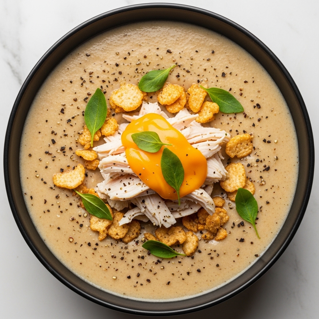 The image shows a deep bowl filled with creamy beige soup with visible black pepper specks throughout. On top, there are several pieces of shredded white chicken layered in the center. Over the chicken, there is a small amount of bright orange melted cheese that looks smooth and glossy. Scattered around the cheese are crunchy, light brown toasted bits that add texture. Fresh green herb leaves are sprinkled on top, adding a touch of color. The bowl is placed on a white marbled surface. Photo taken with an iphone --ar 4:5 --v 7
