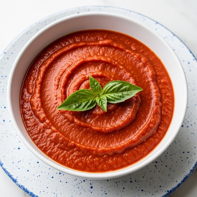 A white bowl filled with thick red tomato sauce that has a slightly chunky texture. The sauce is smooth on top with swirls that make a spiral pattern from the center outward. On the very center of the sauce, there are three fresh green basil leaves as garnish. The bowl is placed on a white plate with blue speckles around the edge. Both are set on a white marble surface. photo taken with an iphone --ar 4:5 --v 7