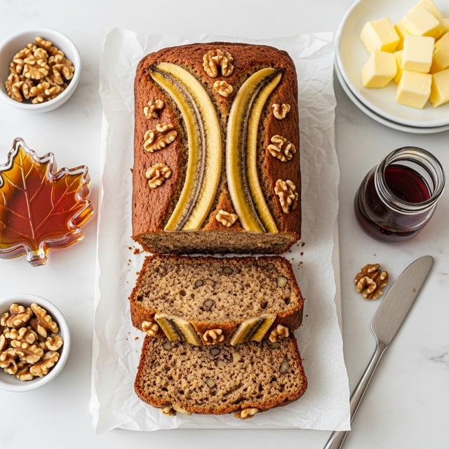 The image shows three slices of banana bread placed on a piece of parchment paper, resting on a white marbled surface. The banana bread has a golden brown crust with a light brown, moist inside that shows a grainy texture speckled with bits of walnuts. On top of the loaf, there are two halves of a banana placed lengthwise and scattered walnut pieces, giving a rustic look. Around the bread, there are small bowls with walnuts, cubes of butter on a white plate, a maple leaf-shaped glass container filled with amber syrup, and a small glass jar of dark red syrup, creating a cozy breakfast scene. photo taken with an iphone --ar 4:5 --v 7