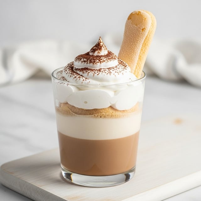 A clear glass cup holds a light brown creamy coffee base as the bottom layer with a smooth, slightly frothy texture. On top is a thick, white whipped cream layer that is soft and fluffy, unevenly spread with a gentle wave to it. The whipped cream is dusted lightly with dark brown cocoa powder, adding a fine textured top layer. A single light beige ladyfinger cookie with a grainy sugar-coating sticks upright into the whipped cream on the right side. The cup is set on a pale wooden board, and the background shows a white marbled texture with a soft, unfocused white cloth. Photo taken with an iphone --ar 4:5 --v 7