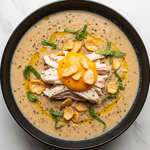 A close-up of a bowl filled with creamy soup that has a light beige color and small black pepper specks, topped with shredded white chicken meat placed in chunks around the bowl, a dollop of melted yellow cheese in the center, crispy golden brown fried onion pieces scattered on top, and small green parsley leaves sprinkled over everything, all in a white bowl set on a white marbled surface photo taken with an iphone --ar 4:5 --v 7