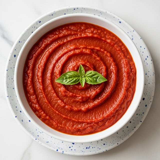 A white bowl filled with thick red tomato sauce, with a slightly chunky texture and rich color, sits in the center of a white plate with blue speckles around the edge. On top of the sauce, there are three fresh green basil leaves arranged neatly in the middle. The setup is placed on a white marbled surface. Photo taken with an iphone --ar 4:5 --v 7